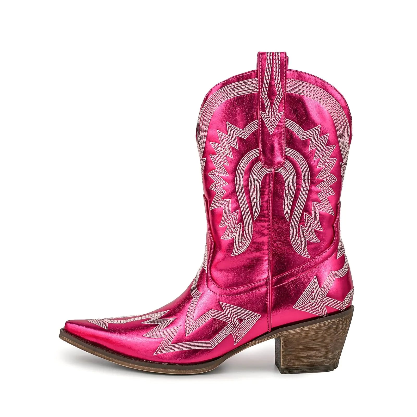 Emfnzd Womens Embroidered Cowgirl Boots Calf Thick Heels Pointed Head Country Music Festival Vintage Western Metal Cowboy Ankle Boot Pink6