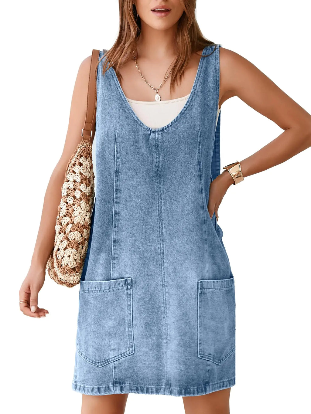 BerryGo Womens Denim V Neck Sleeveless Overall Dress Casual Mini Pinafore Dress Short Jumper Jeans Dress with Pocket Light Blue M