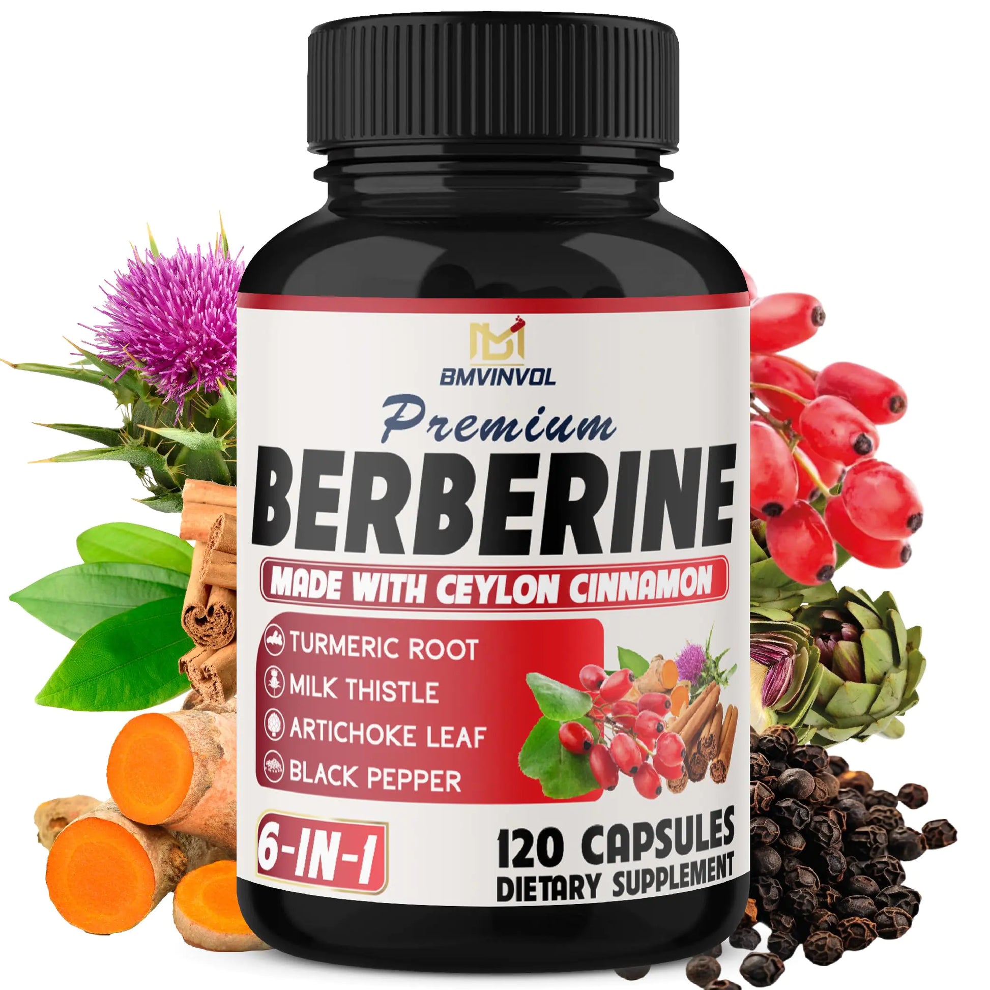 BMVINVOL 6in1 Berberine Supplement with Ceylon Cinnamon Tumeric Root Milk Thistle Artichoke Black Pepper -120 Capsules for 4 Month Supply