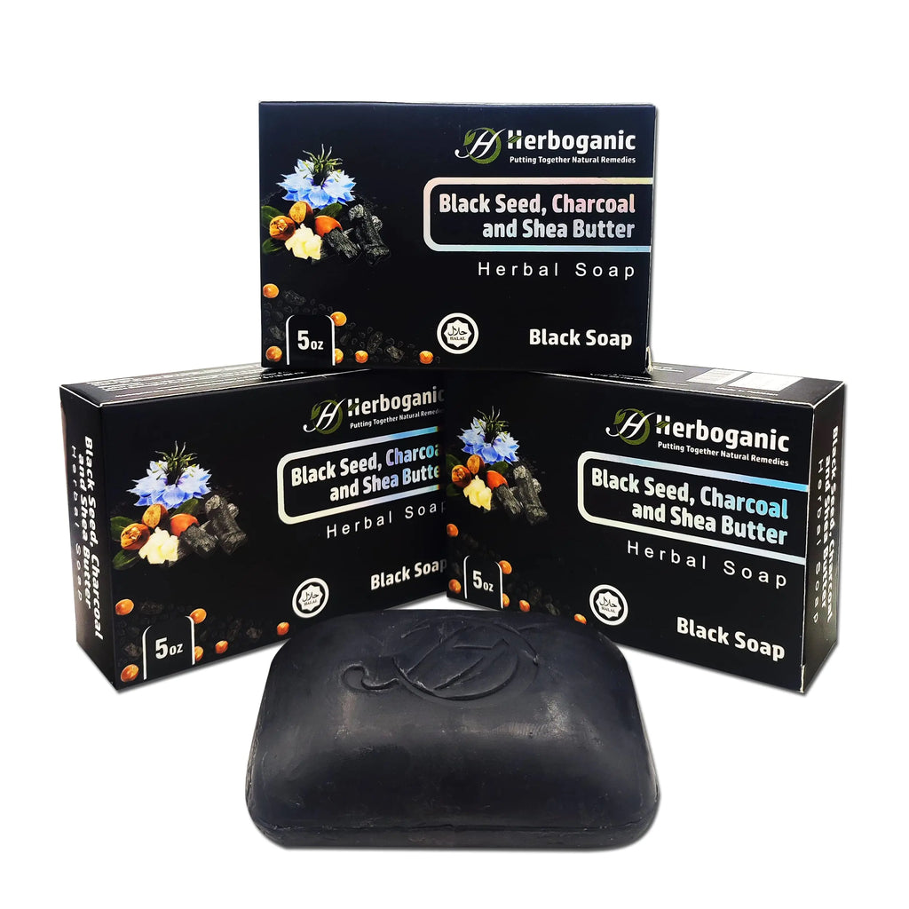 HERBOGANIC Black Seed Charcoal and Shea Butter Herbal Soap | Pack of 3 of 5oz soap Bar | Natural Bar Soap for Face and Body | Hydrating and Nourishing | Suitable for Men and Women