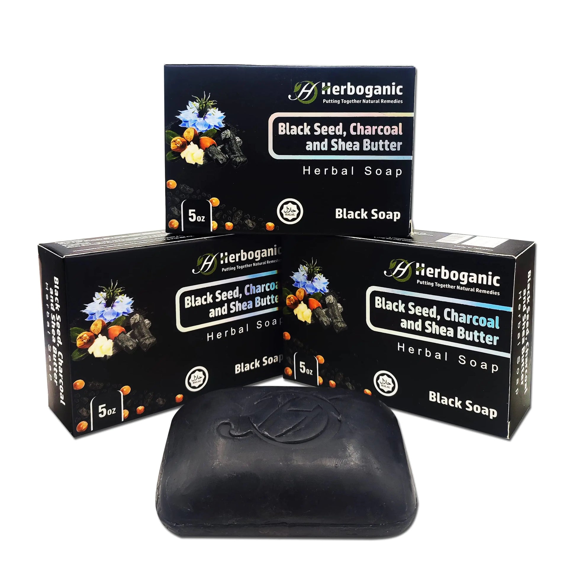 HERBOGANIC Black Seed Charcoal and Shea Butter Herbal Soap | Pack of 3 of 5oz soap Bar | Natural Bar Soap for Face and Body | Hydrating and Nourishing | Suitable for Men and Women