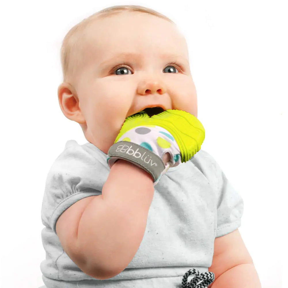 bblüv - Glüv - Original Silicone Baby Teething Mitten with Opposable Thumb Self Soothing Teether Toy Includes a Storage Bag (Lime)