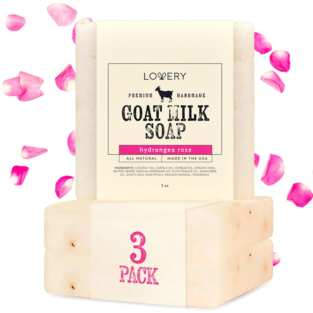 LOVERY Valentines Day Gifts for Women (3-Pack) Goat Milk Soap Handmade Made in USA with Organic Shea Butter - Hydrangea Rose Goats Milk Soap Bar - All Natural Soap Bar Made with Organic Goat Milk