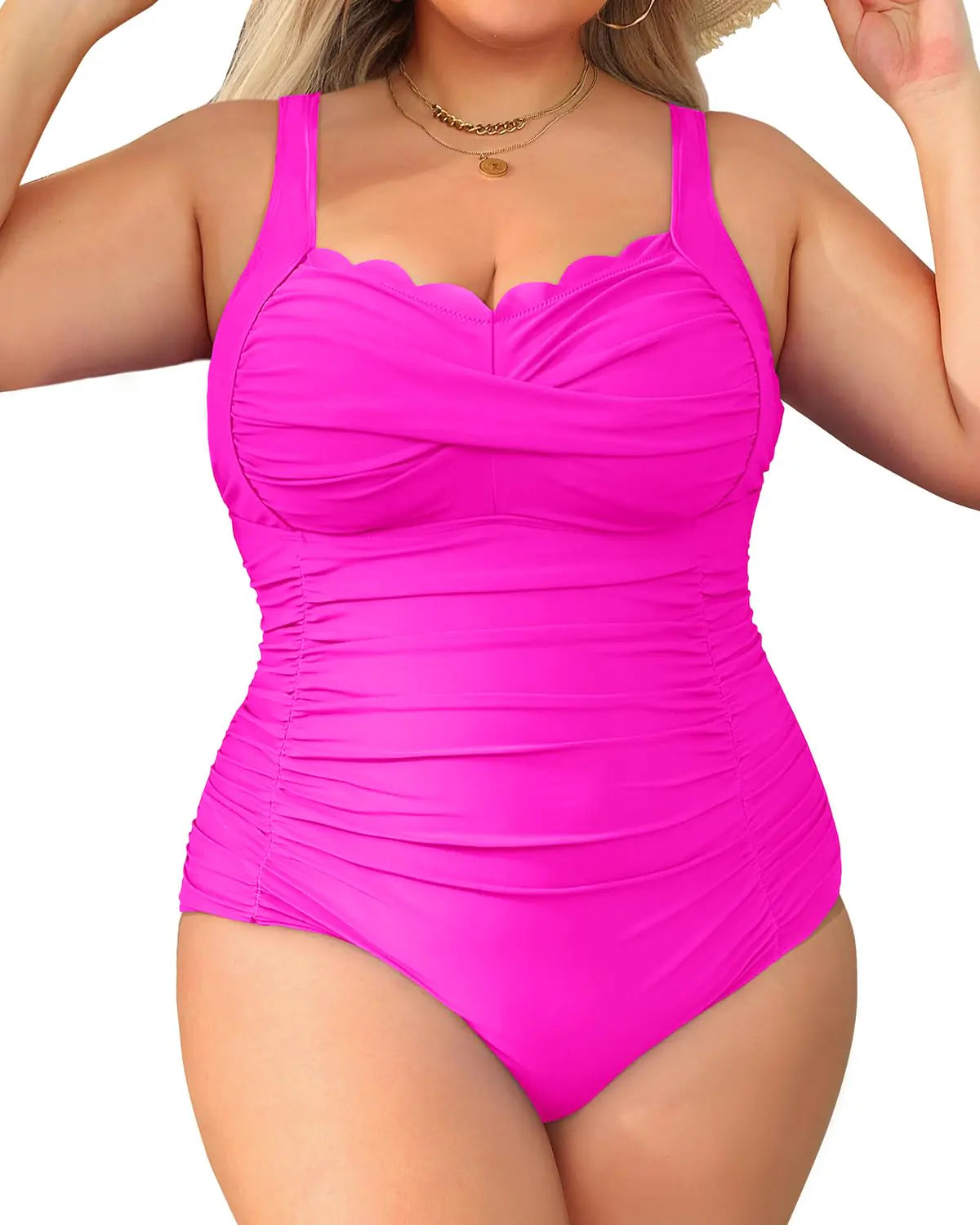 Aqua Eve Women Plus Size Swimsuits One Piece Tummy Control Bathing Suits Retro Scalloped Twist Front Swimwear Hot Pink 16W