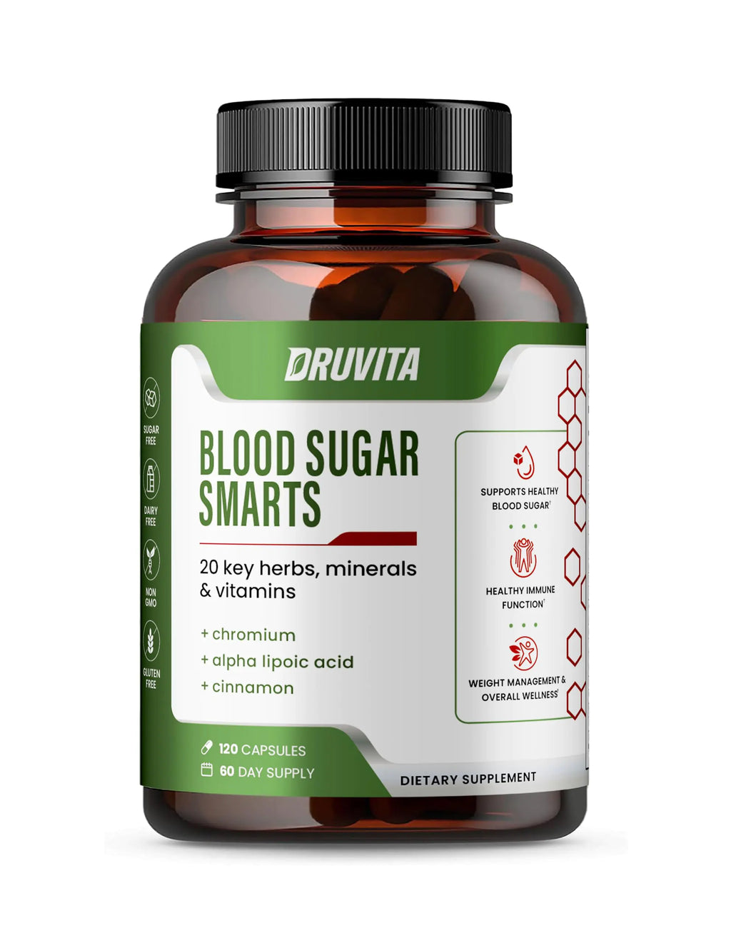 Druvita Blood Sugar Smarts - 20 Key Herbs Minerals & Vitamins - with Chromium Alpha Lipoic Acid Cinnamon & Bitter Melon for Men Women- Non-GMO Natural- 120 Capsules 60 Day Supply