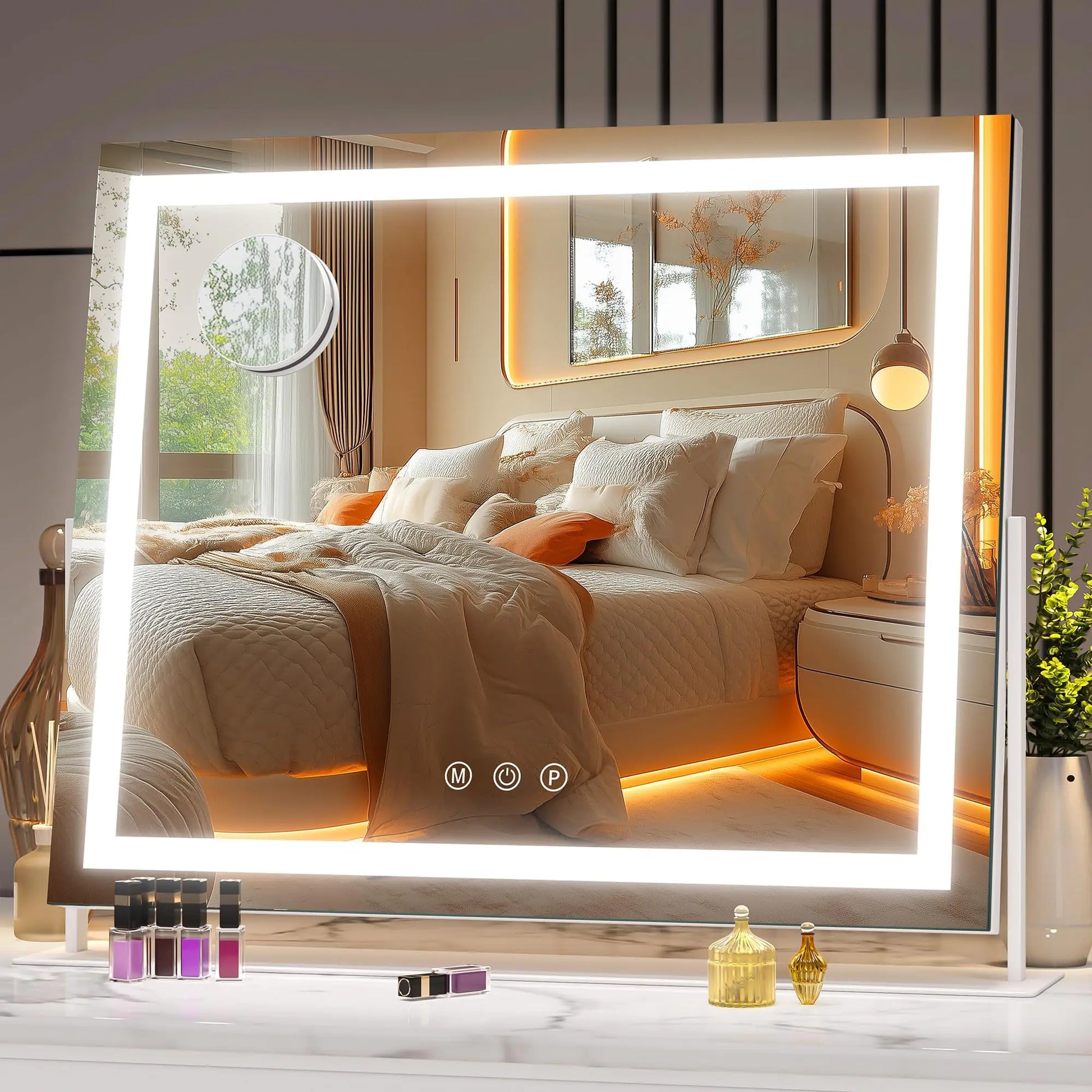 Hasipu Vanity Mirror with Lights 14" x 12" LED Makeup Mirror Light up Mirror with 10X Magnification Smart Touch 3 Colors Dimmable 360° Rotation (White)
