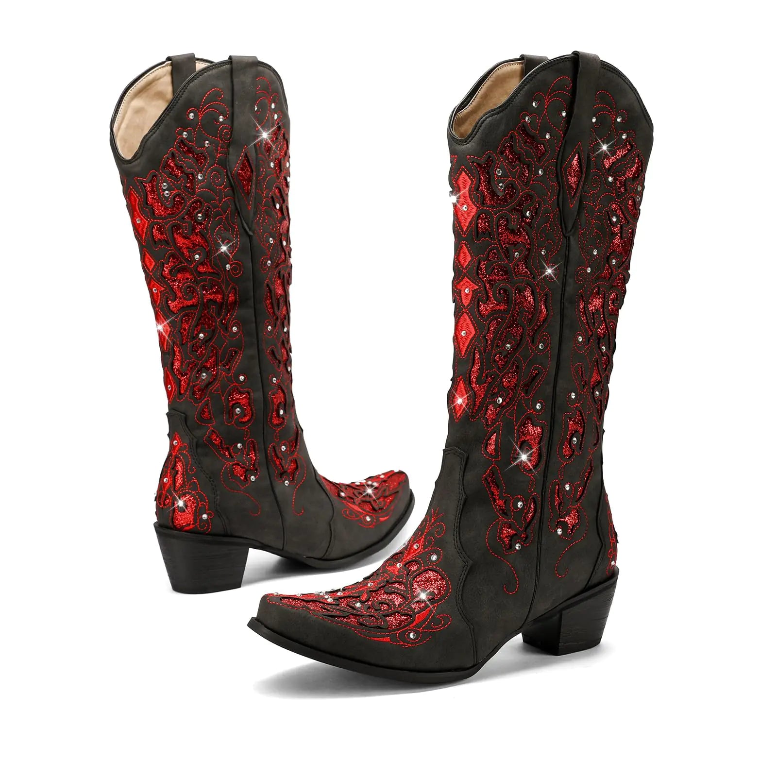 LingxiaUne Western Cowboy Boots with Wide Calf Red Cowgirl Boots Women Sparkly Rhinestone Wedding Boots Trendy Vintag Tall Glitter Boots with Embroidery and Chunky Heel for Daily Wearing|Office|Party