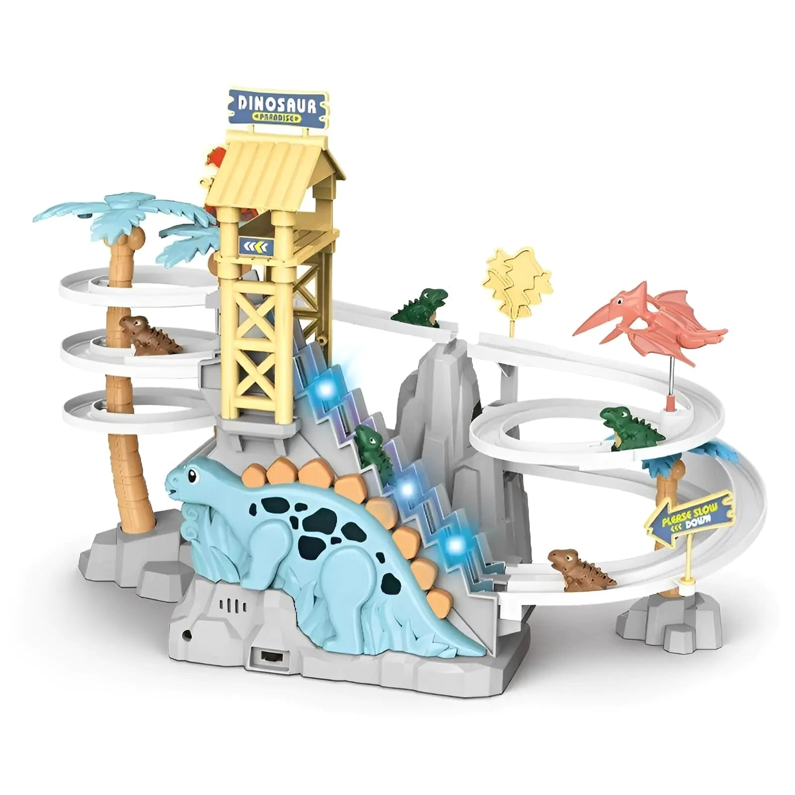 GEMPRIME Goods Dinosaur Climbing Slide Toy Dinosaur Race Track Game Set Dino Car Track Adventure Slide Toy with Climbing Stairs Lights and Music Toy for Toddlers Kids Boys Girls Age 3-8 - Blue