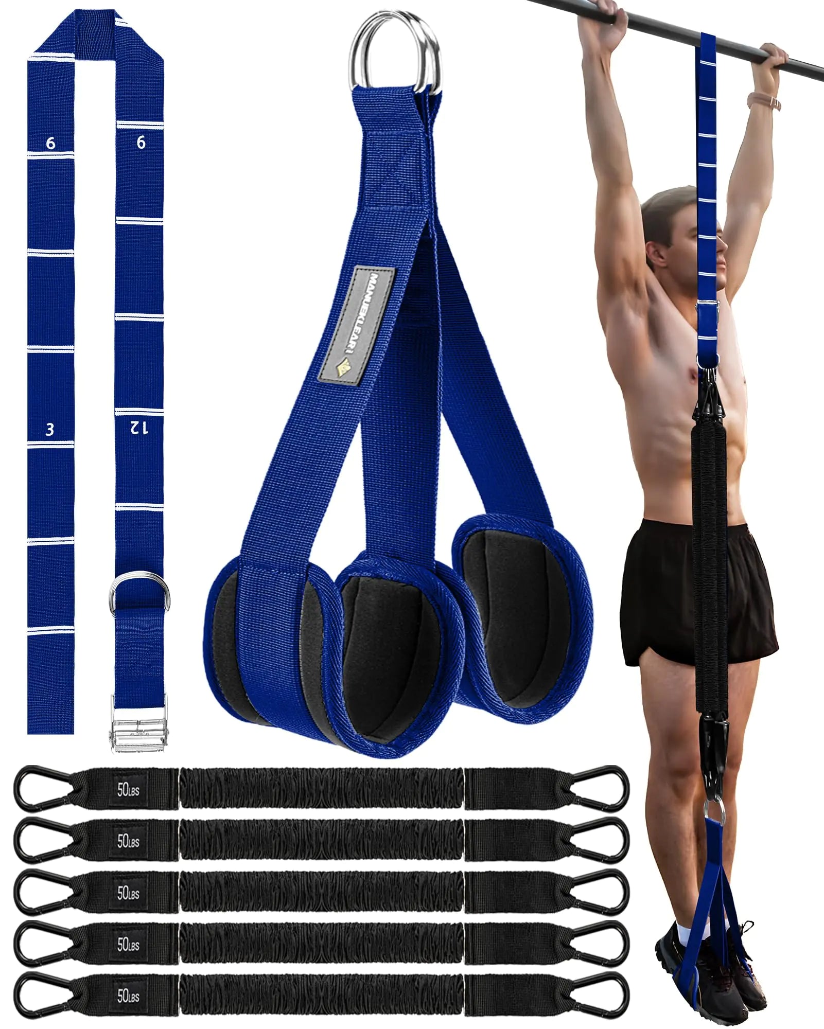 MANUEKLEAR Heavy Duty Resistance Bands for Pull Ups Pull Up Assistance Bands with Scale Tracking Feature Adjustable Pull Up Assist Band with Five 50-Pound Pull Up Bands and Fabric Feet/Knee Rest