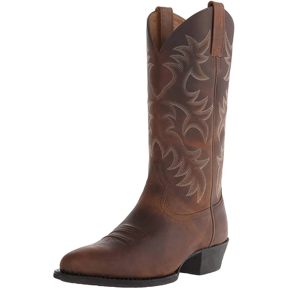 DAYINGJIA Cowboy Boots for Men Pointy Toe Western Boots Mid Calf Boots Mens Knee High Embroidered Chunky Heel Boot Brown