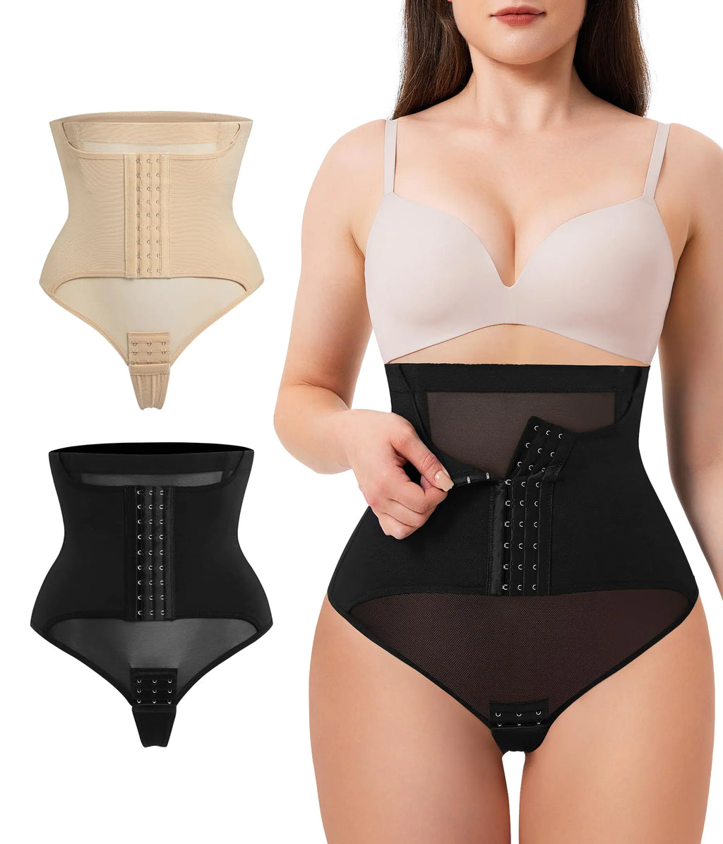 MERYOSZ Tummy Control Thong Shapewear for Women High Waisted Butt Lifting Panties Body Shaper Thong Underwear Girdle (Black+BeigeMedium)