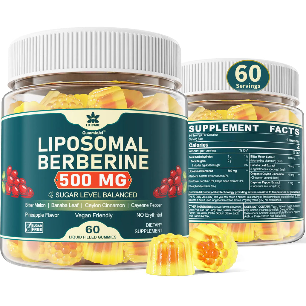 Berberine 500mg Supplement Once Daily Liposomal Berberine Gummies with Ceylon Cinnamon Bitter Melon Banaba Leaf for Metabolism Balanced AMPK Activator High Absorption Sugar Free Vegan 60 Cts