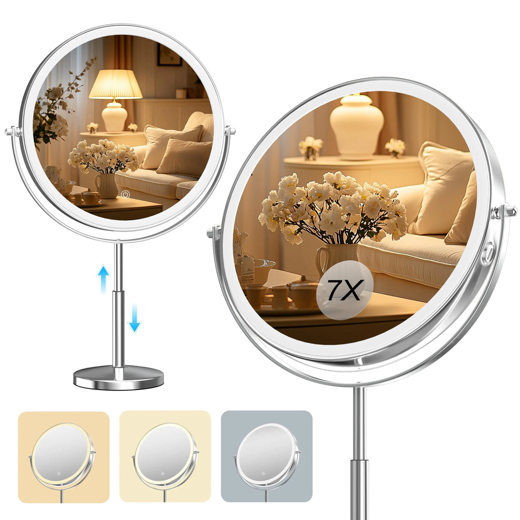 Hasipu 10-inch Lighted Makeup Mirror with Magnification Rechargeable 3000 mAh Vanity Mirror with Lights Desk Mirror with Dimmable Brightness 3 Lighting Modes Height Adjustment 360° Rotation