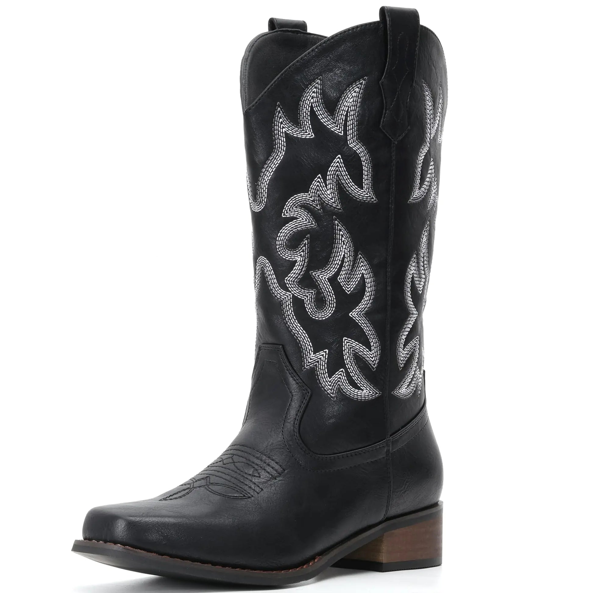 IUV Cowboy Boots For Women Square Toe Cowgirl Boots Mid Calf Western Boots Pull On Fashion Cowboy Boots