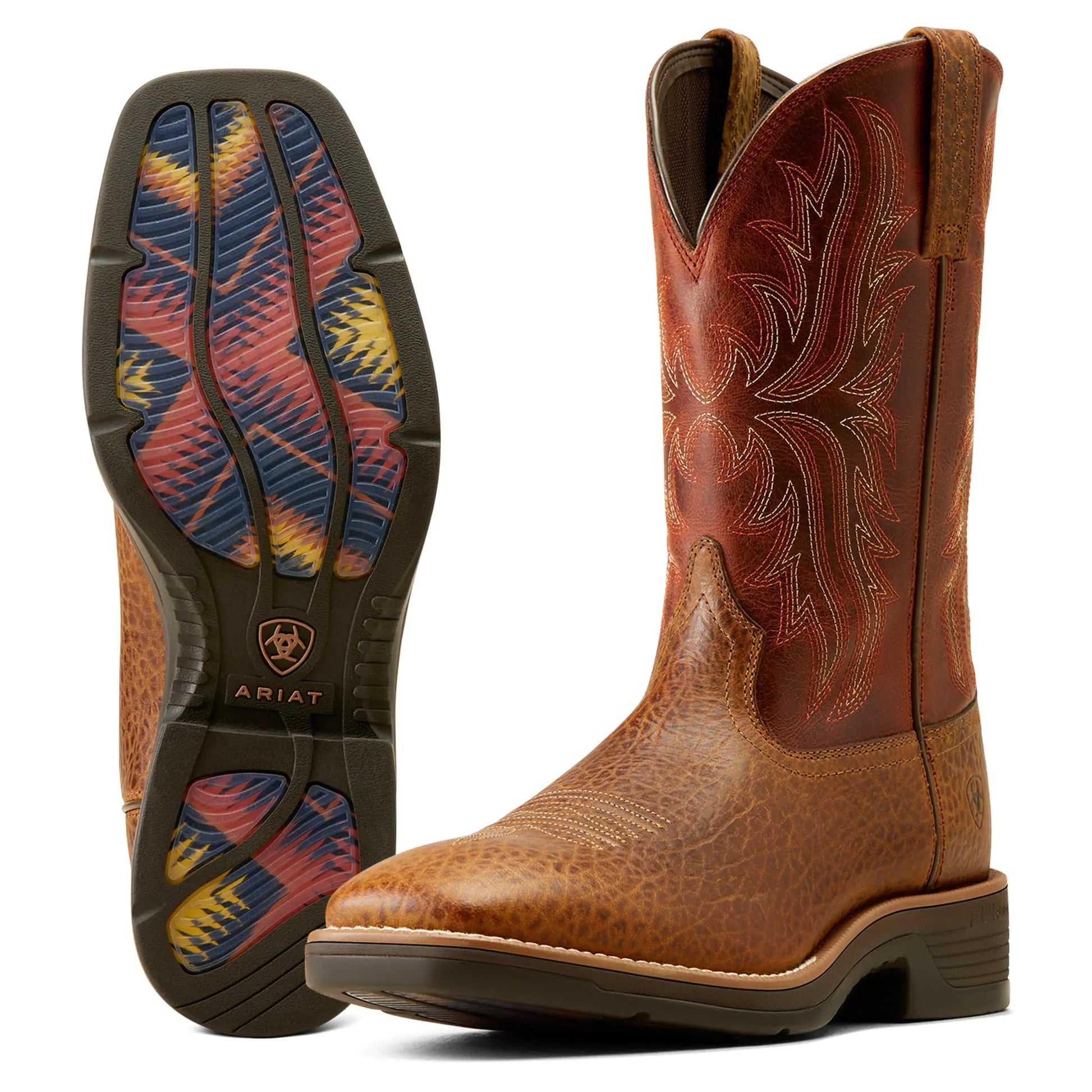 ARIAT Mens Ridgeback Cowboy Boot Orange Rust/Tan Bull Emboss 7 Wide