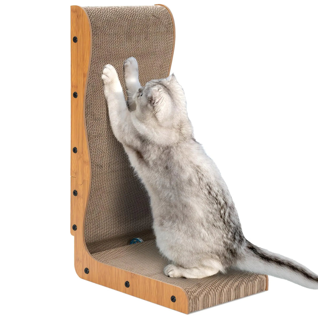 Cardboard L Shape Cat Scratcher - Happy & Polly Vertical Cat Scratching Board with Ball Toy for Indoor Cats - Protecting Furniture Cat Scratch Pad