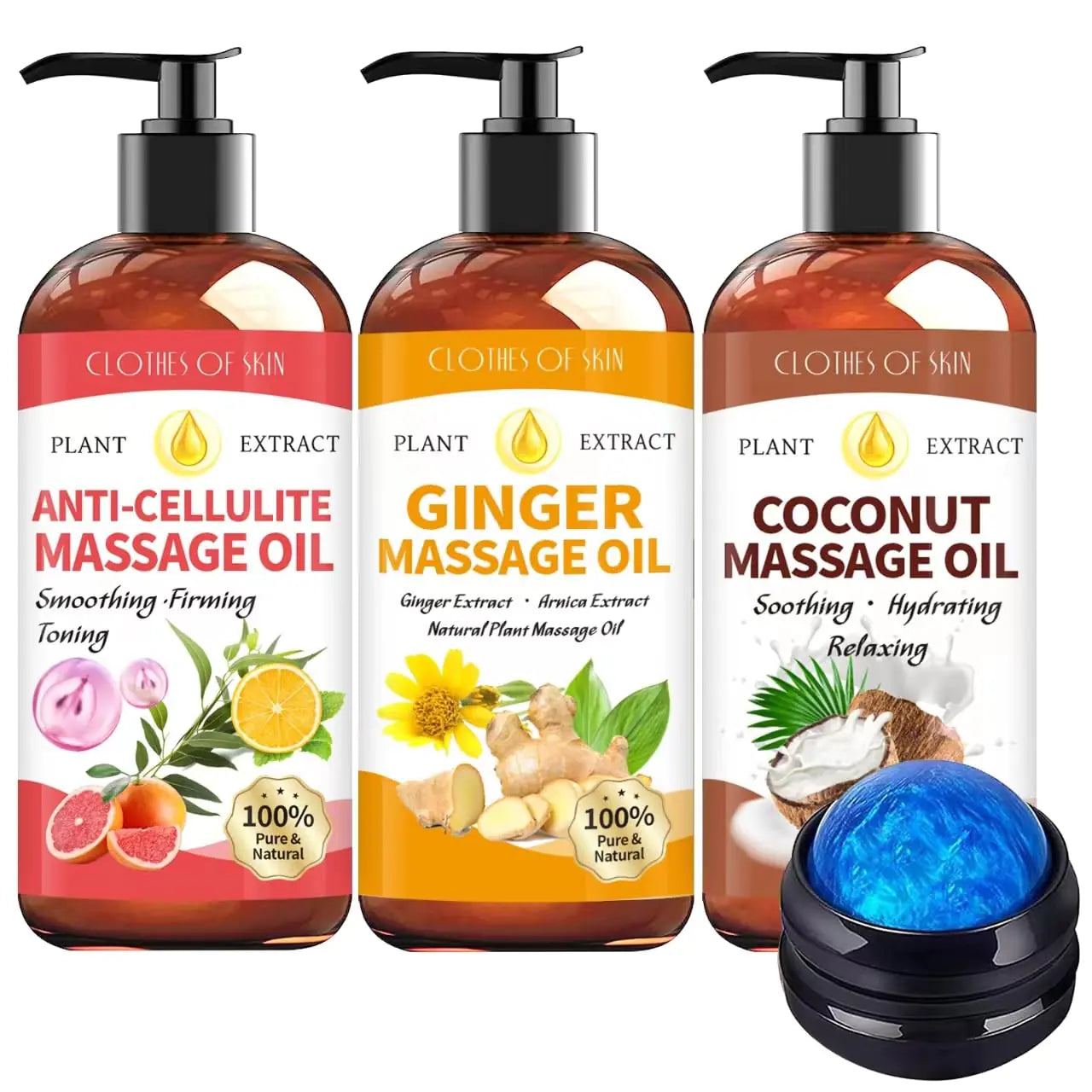 3 Pack Massage Oil for Massage TherapyGinger Oil Lymphatic Drainage & Cellulite Oil & Coconut Oil for SkinMassage Oil for Date NightRelaxing Sore Mucle Spa Treatment Gift with Massage Ball