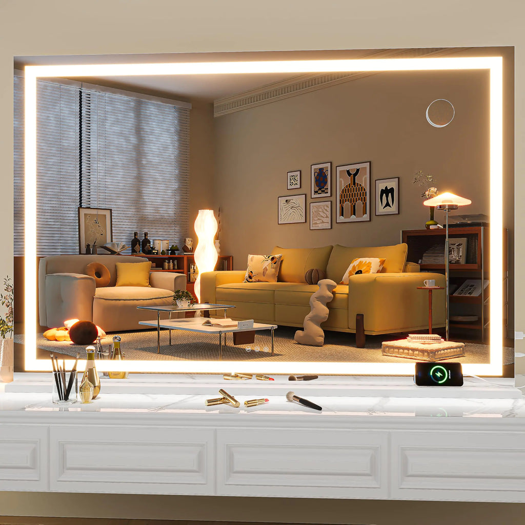 Hasipu Vanity Mirror with Lights 50" x 34" LED Makeup Mirror Lighted Makeup Mirror with Dimmable 3 Modes Touch Screen Control Vanity Mirror Square White