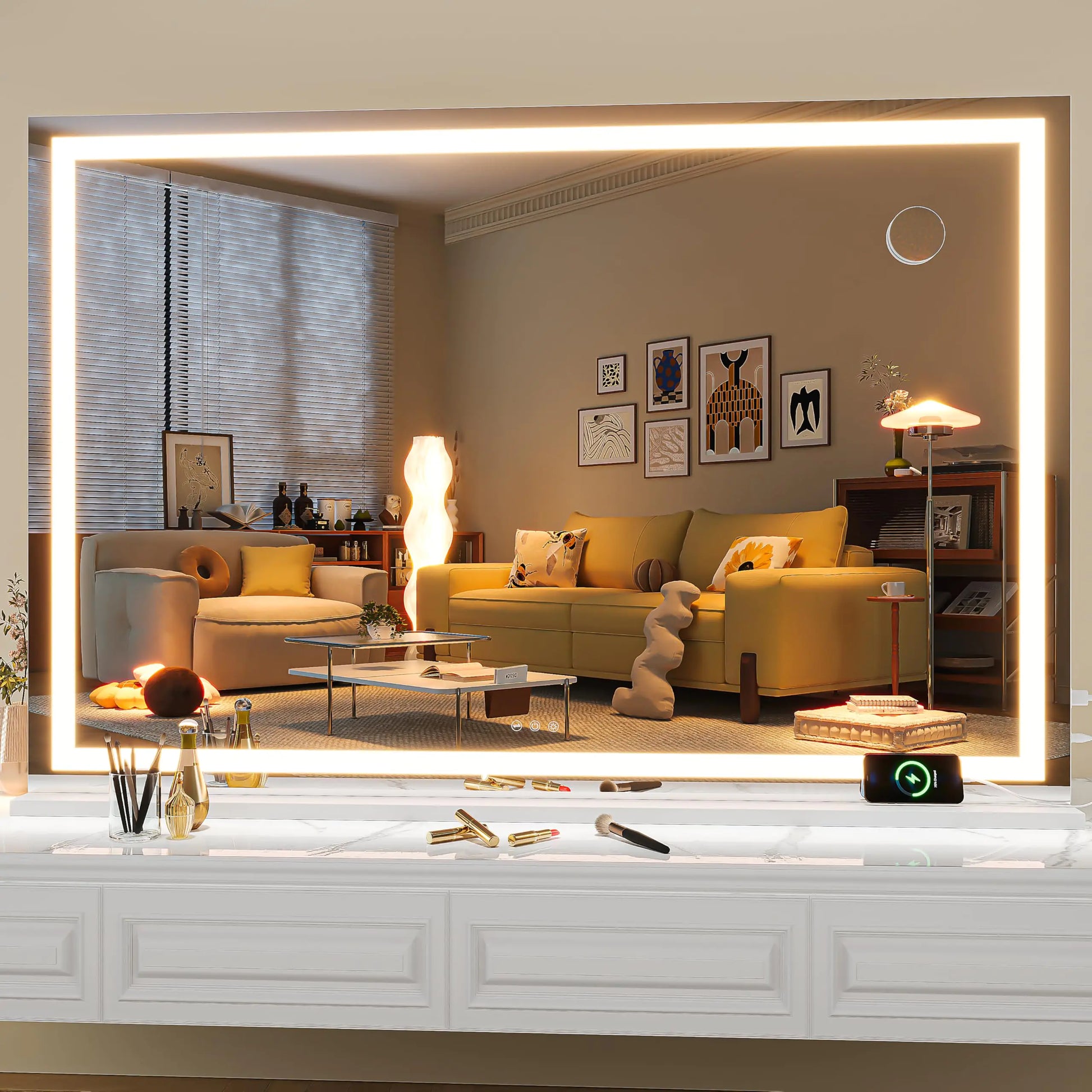Hasipu Vanity Mirror with Lights 50" x 34" LED Makeup Mirror Lighted Makeup Mirror with Dimmable 3 Modes Touch Screen Control Vanity Mirror Square White