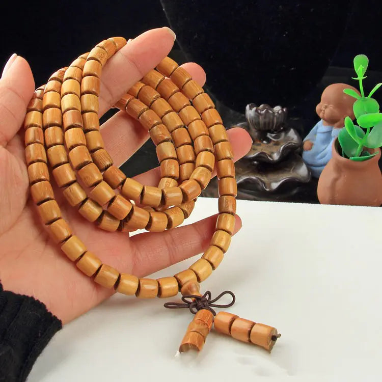 Natural Wood 108 Buddha Beads with Yellow Flower Pear