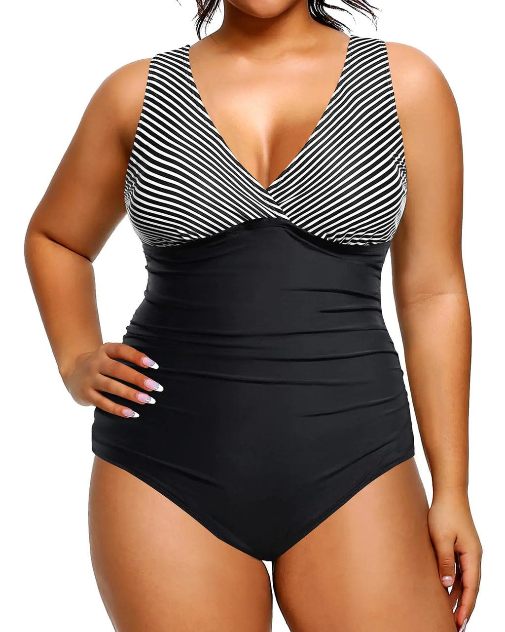 Aqua Eve Women Plus Size One Piece Swimsuits Tummy Control Bathing Suits V Neck Ruched Swimwear Black Striped 24W