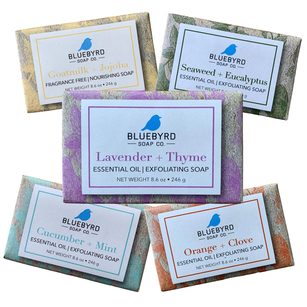 BLUEBYRD Soap Co. 5-Pack Variety Set Exfoliating Essential Oil Soap Bars | 100% Vegan Natural Bar Soap Gift | Cucumber Mint Goat Milk Jojoba Oil Lavender Thyme Orange Clove Seaweed Eucalyptus(SET)