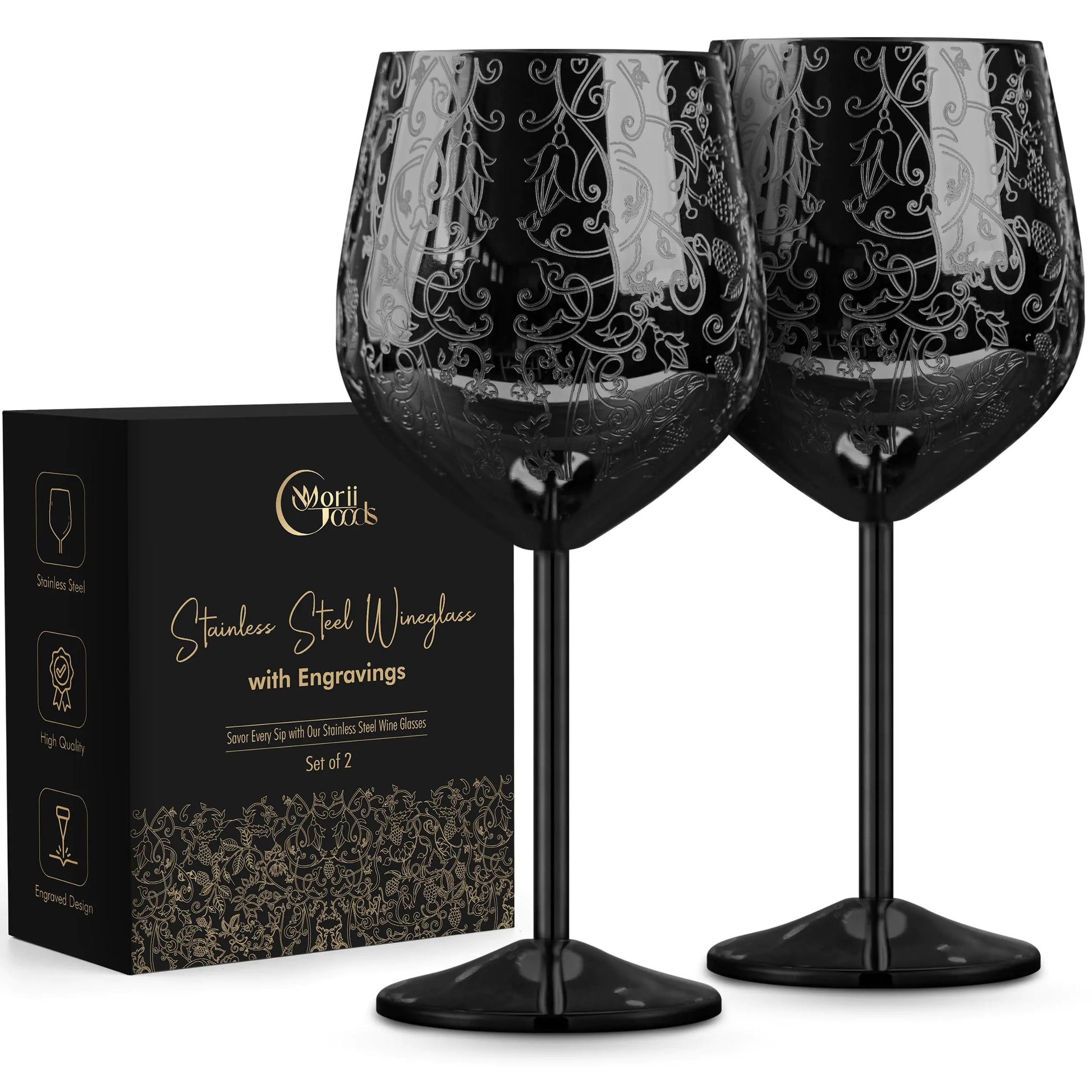 Morii Goods Stainless Steel Wine Glasses - Set of 2 Etched Wine Glasses Unbreakable Black Wine Glasses for Travel Camping and Pool Fancy Wine Glasses for Women and Men