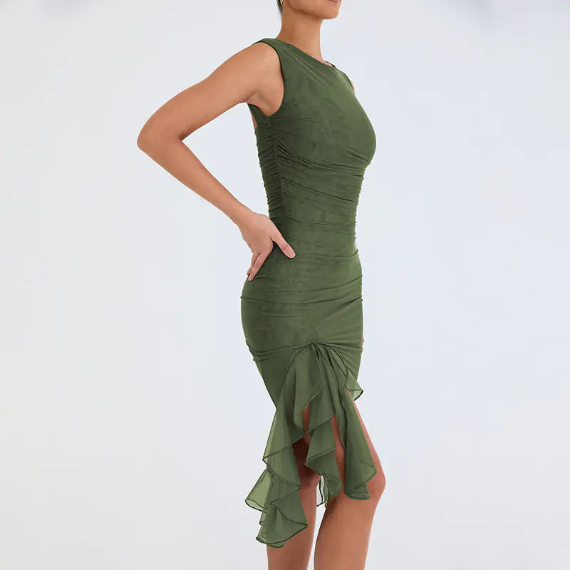 Backless Ruffle Trim Sleeveless Bodycon Dress for Women