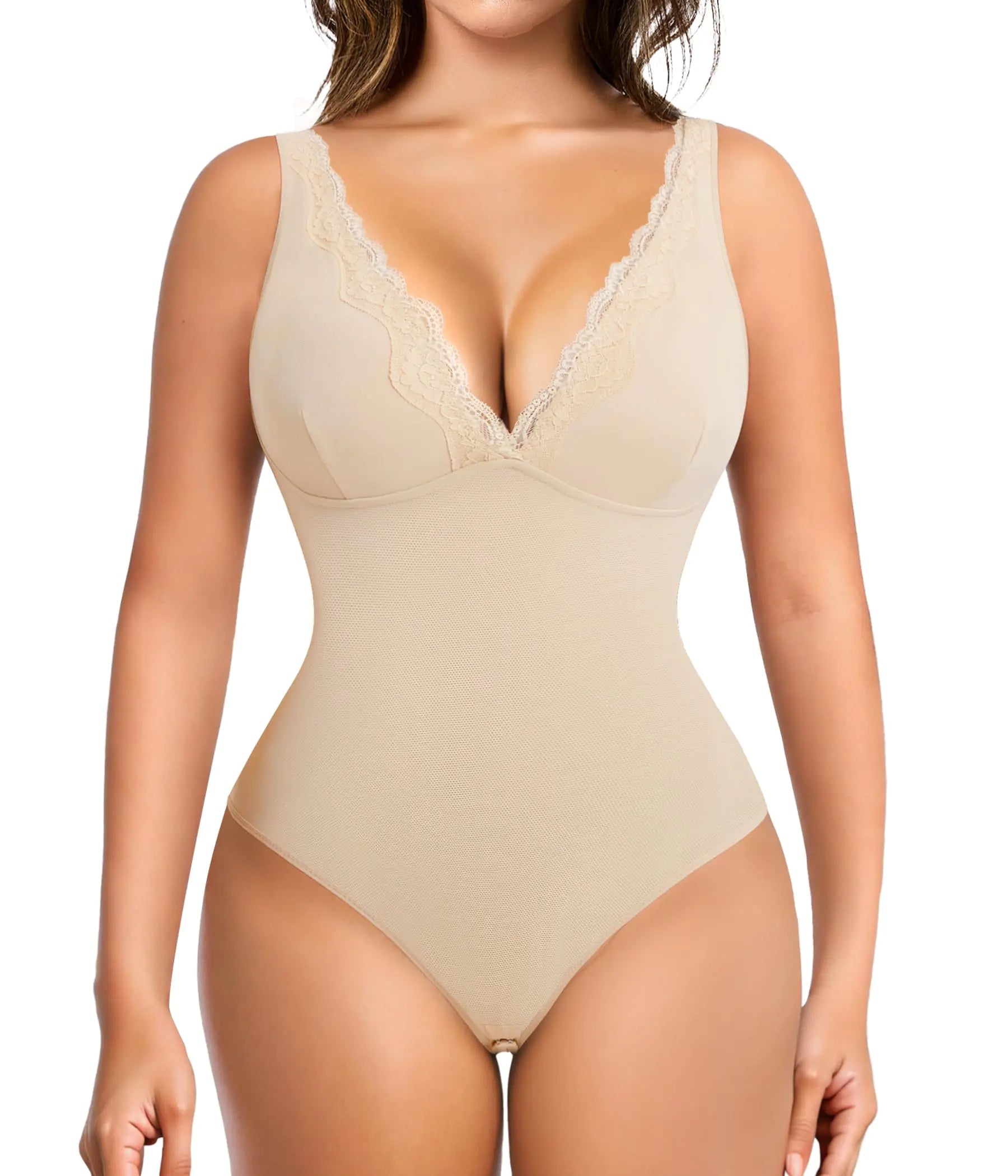 MERYOSZ Shapewear Bodysuit Tummy Control Body Shaper for Women V Neck Bodysuits Thong Lace Camisoles Jumpsuit Tops (Beige X-Large)