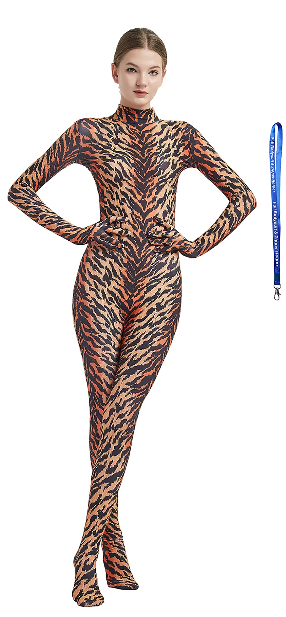 Full Bodysuit With Zipper Helper Womens Costume Without Hood Spandex Stretch Zentai Unitard Body Suit (Medium Tiger)