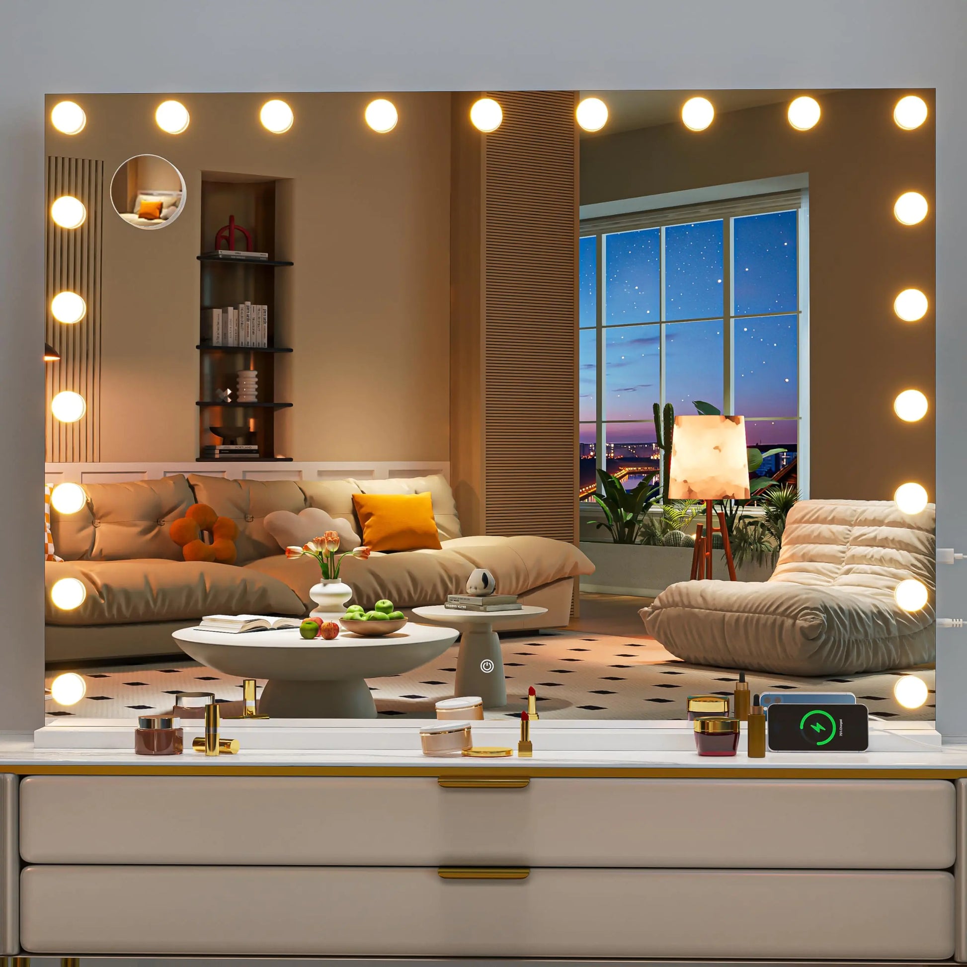 Hasipu Hollywood Vanity Mirror with Lights 41" x 30" Makeup Mirror with 21 Dimmable LED Bulbs 3 Color Modes & Detachable 5X Magnifying Glass Touch Control USB and Type-C Tempered Glass