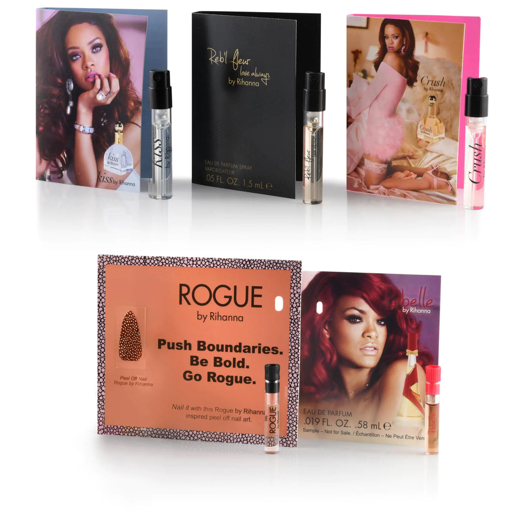 5 Rihanna perfume samples for women: Crush Rebl Fleur Kiss Rogue and Rebelle. Fragrance sample vial bottles perfume Set. Great for small gift or to try before purchasing bigger bottles.