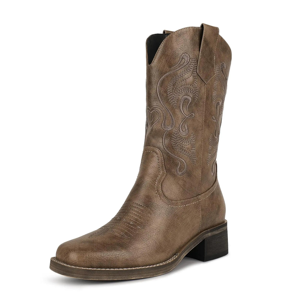 ISNOM Brown Cowgirl boots for Women Brown Cowboy Boots for Women Brown Western Boots Square Toe Cowgirl Cowboy Boots Mid Calf Cowboy Cowgirl boots Wide Calf Cowboy Boots Low Heel Cowgirl boots