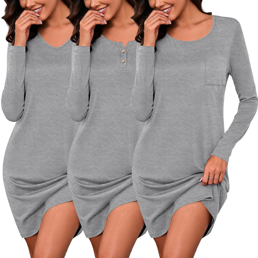 Huukeay 3 Pack Womens Nightgowns Long Sleeve V Neck Sleepshirt Dress Crewneck Nightshirt Henley Pajama Comfy Sleepwear (Dark GrayXXL)