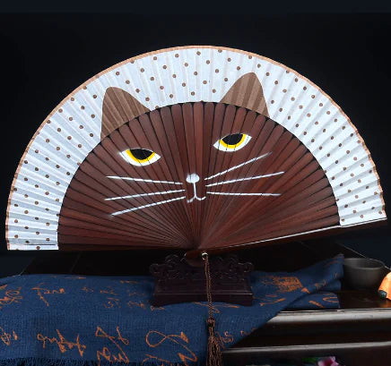 Hand-Painted Cat Folding Bamboo Fan with Lacquered Handle