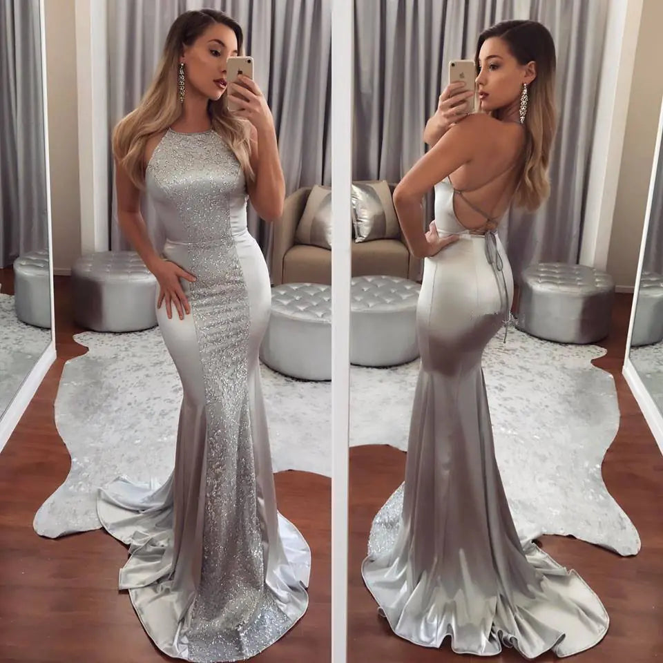 New Fashion Sexy Backless Dress with Halter Neck Long Skirt