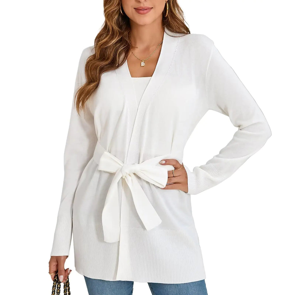 Lightweight Cardigans Sweater for Women Loose Casual Long Sleeve Open Front Breathable Cardigans with Belt.(Off-White-1M)