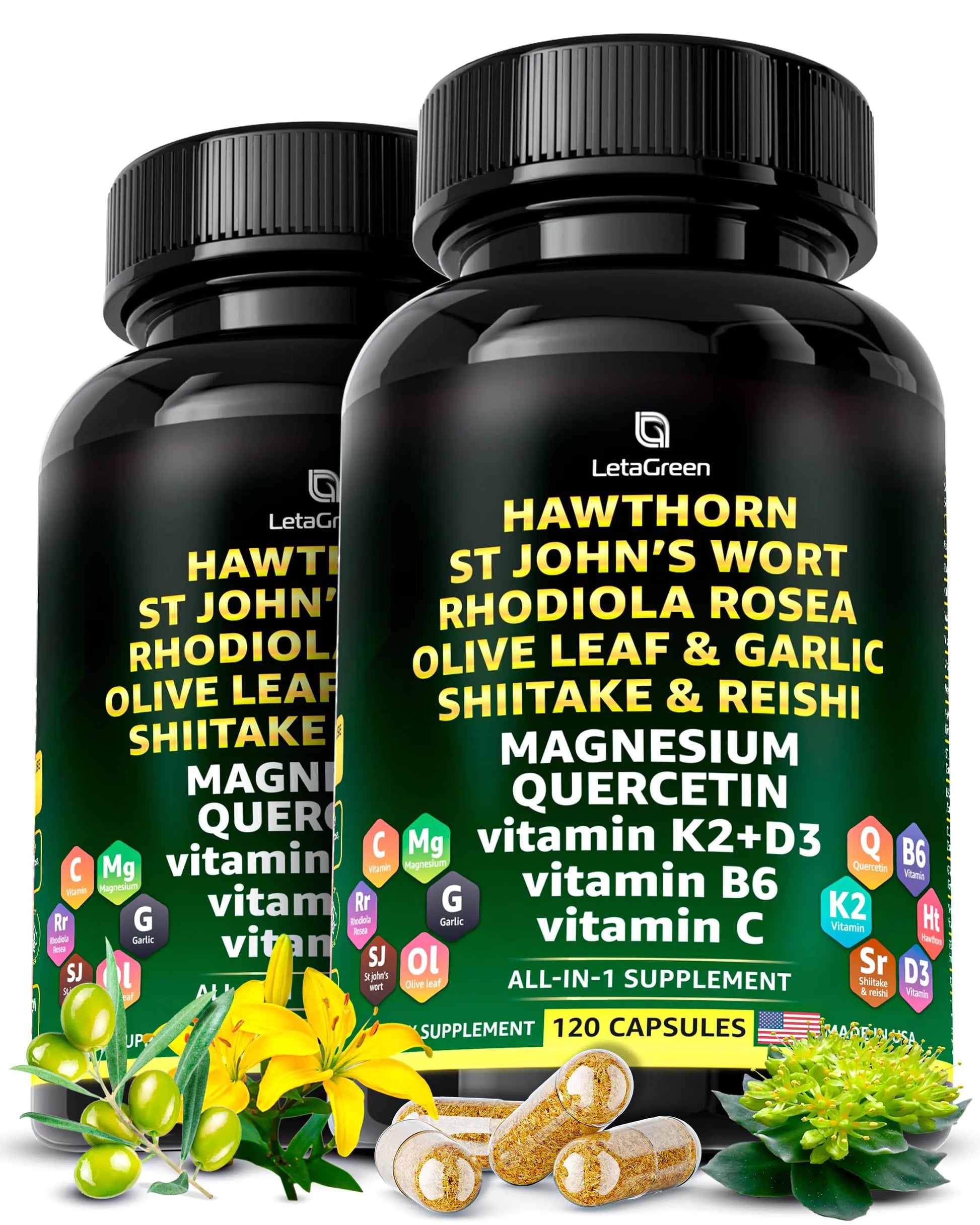 LetaGreen Organic Hawthorn Berry Capsules - Hawthorn Extract 2000mg with St Johns Wort 2500mg Rhodiola Rosea 4000mg Olive Leaf 1000mg Shiitake 1000mg Reishi Mushroom 1000mg Quercetin 150mg (240 Count)