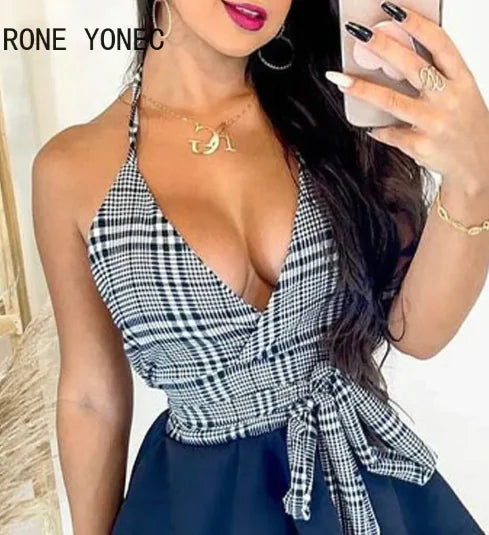 Chic Women’s Halter V Neck Plaid Top & Ruffle Mini Skirt