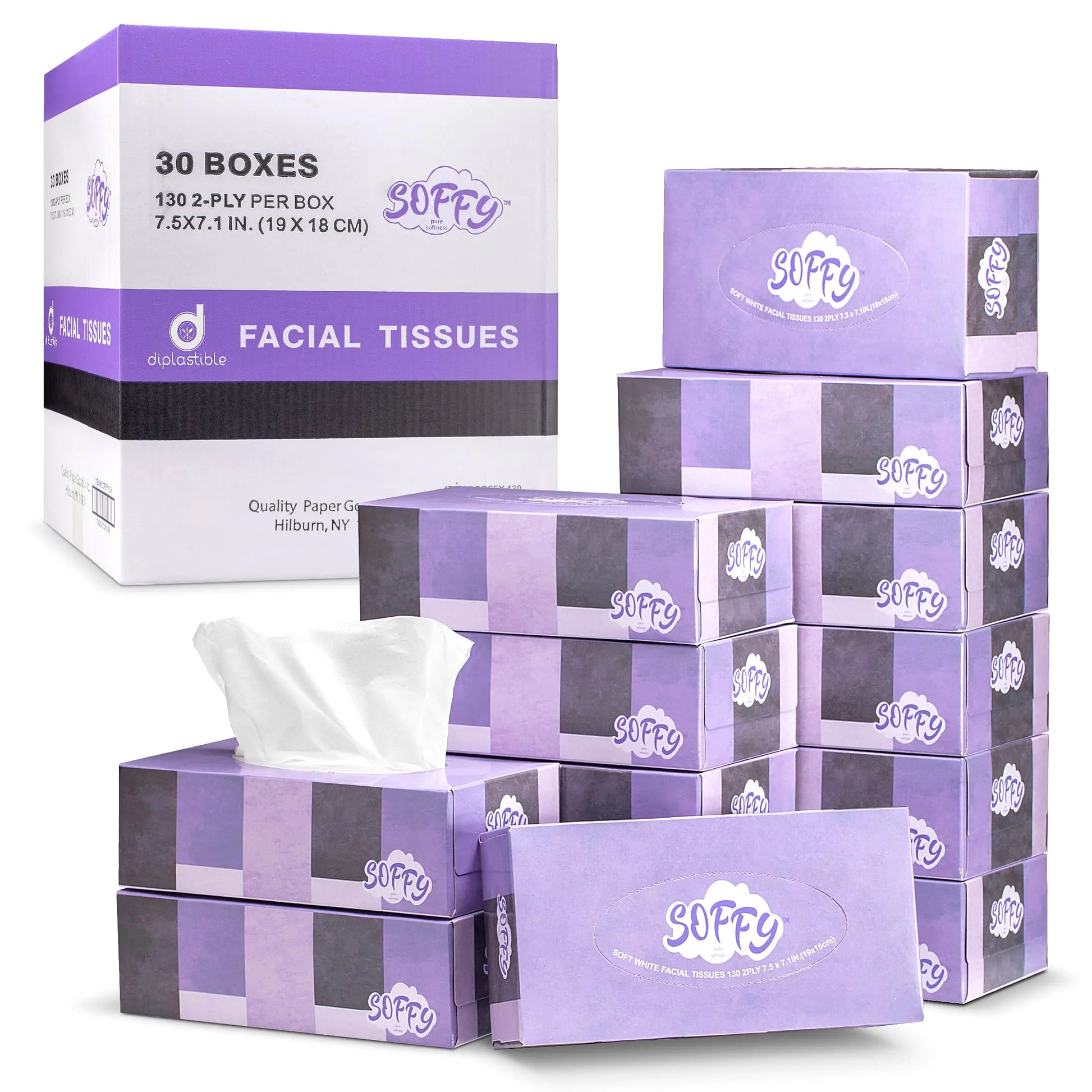 Facial Tissue Paper Soft Tissues 2 Ply White Tissue Paper Bulk - 130 Tissues Per Box Car and Travel Tissue Packs - Face Tissue 7.5" x 7.1" Pack of 30 Tissue Box