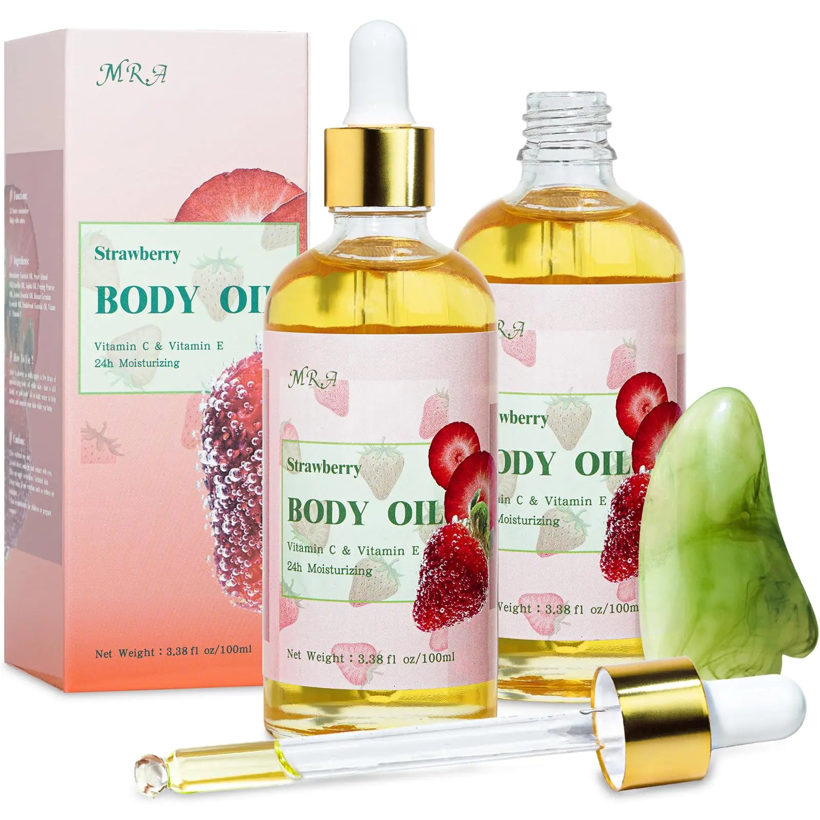 MR.A 2 Pack Strawberry Body Oil Juice Scented Vitamin E Body Oil after Shower with Jojoba Oil Strawberry Shortcake Body Moisturizer Bath Oil for Dry Skin Massage Oil Guasha Oil with Guasha Tool