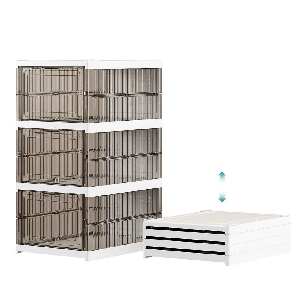 GUDEMAY Drop Front Shoe Storage Box No Assembly Stackable Shoe Organizer Storage Bin with Clear Door Free Standing Shoe Shelf Cabinet with Lid Plastic Shoe Rack for Closet Entryway