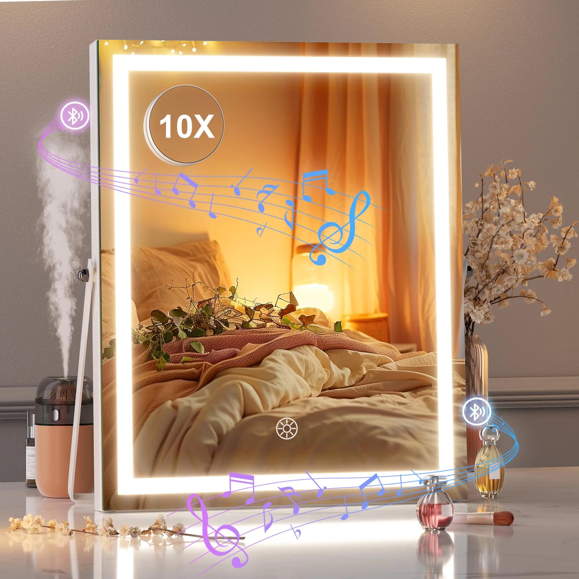 Hasipu Vanity Mirror with Lights and Bluetooth Speaker 11.4" x 13.8" LED Makeup Mirror with 10X Magnification Smart Touch 3 Colors Dimmable Brightness Adjustment 360° Rotation White