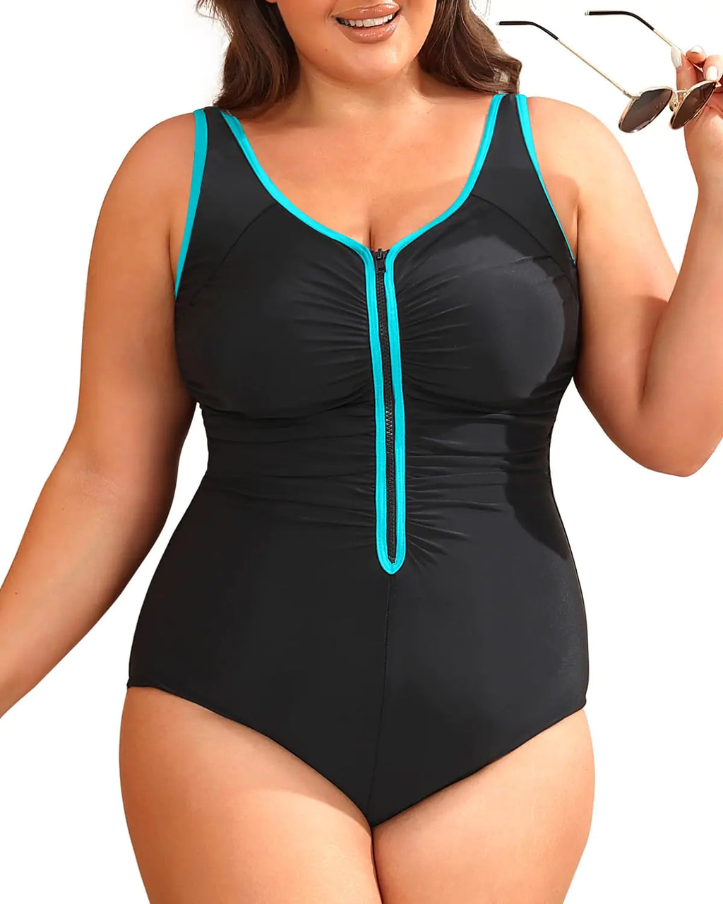 Daci Women Plus Size Black and Blue One Piece Zipper Swimsuits Ruched Tummy Control Bathing Suit Push Up Swimwear 16 Plus