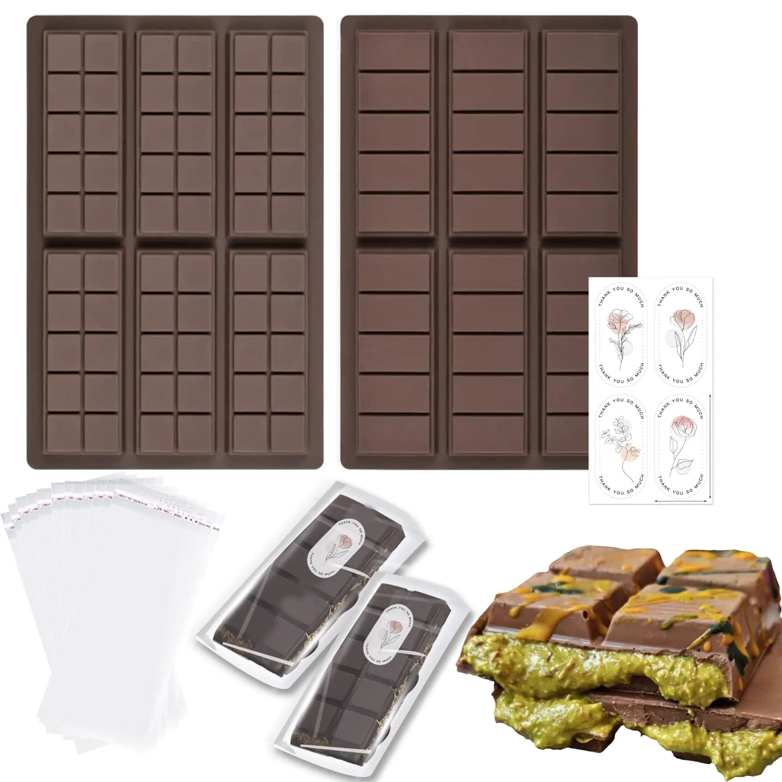 jejucy Chocolate Bar Mold Deep Silicone Thick Chocolate Bar Filled Chocolate Block Candy Mold Pistachio Chocolate Board Mold 100 Storage Bags And Stickers(Square + Rectangle)