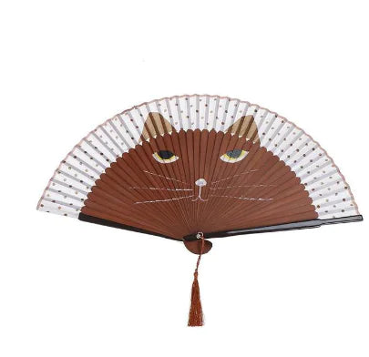 Hand-Painted Cat Folding Bamboo Fan with Lacquered Handle