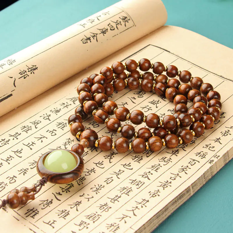 Natural Wood 108 Buddha Beads with Yellow Flower Pear