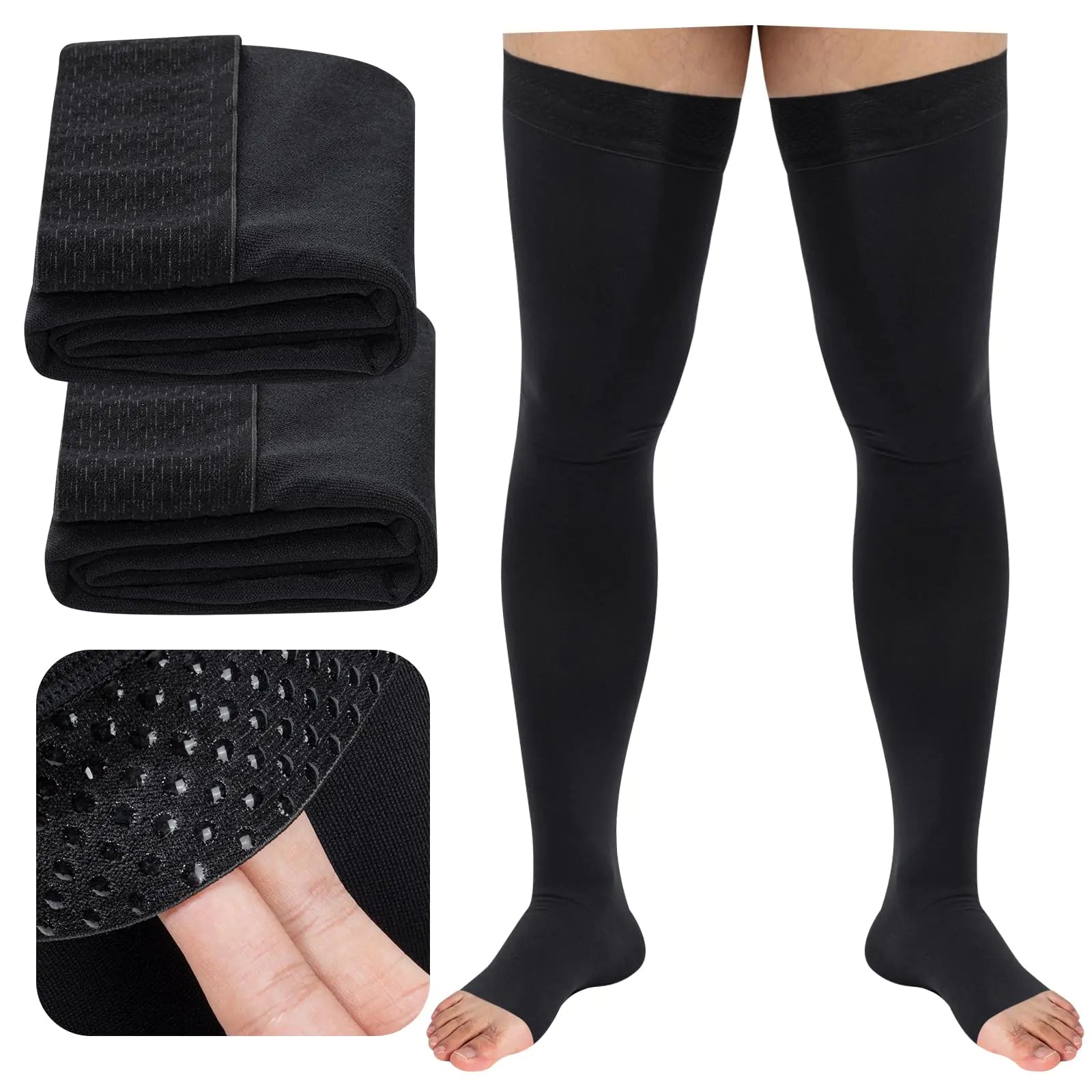 20-30 Mmhg Compression Socks Open Toe Thigh High Compression Stockings for Men and Women with Non-slip silicone （XXL Black）
