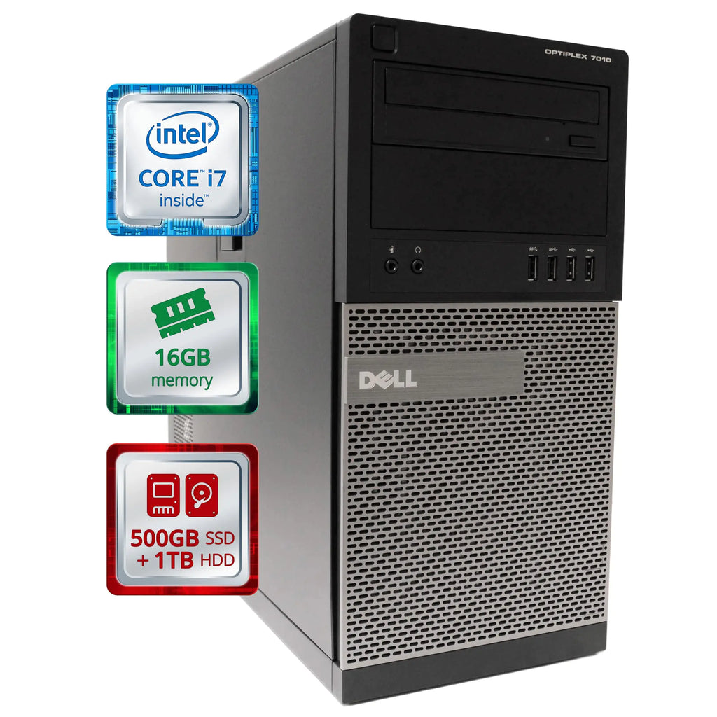 Dell OptiPlex 7010 Desktop Computer Tower | Quad Core Intel i7 (3.9GHz Turbo) | 16GB DDR3 RAM | 500GB SSD Solid State + 1TB | WiFi-5G + Bluetooth | Win 10 Pro | Home or Office PC (Renewed)