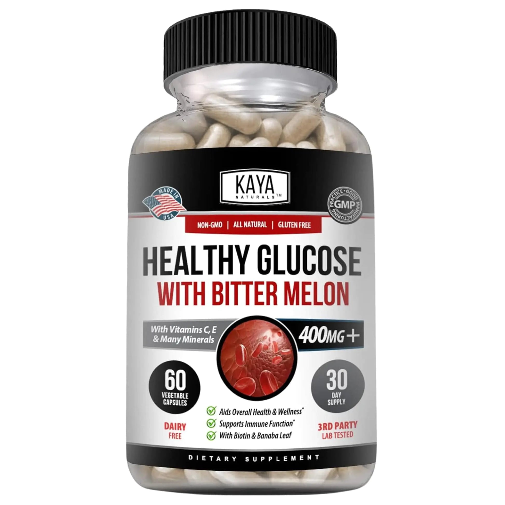 Kaya Naturals Healthy Gluco with Bittermelon Supplement | Support Healthy Levels and Function 20 Herbs Vitamins and Minerals Alpha Lipoic Acide Cinnamon Vitamin C & E Non-GMO (60 Count)